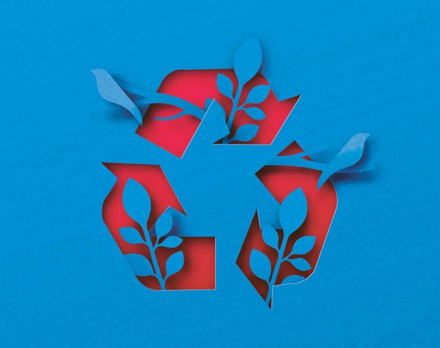 Colorful paper recycling symbol with green leaves, representing sustainability and environmental awareness.