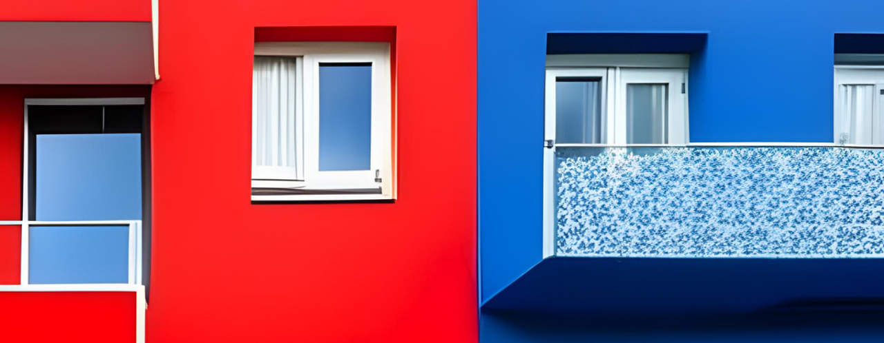 Two apartments in striking colors: on the left, a bright red facade with a white window; on the right, a blue facade with a glass balcony featuring a floral pattern.