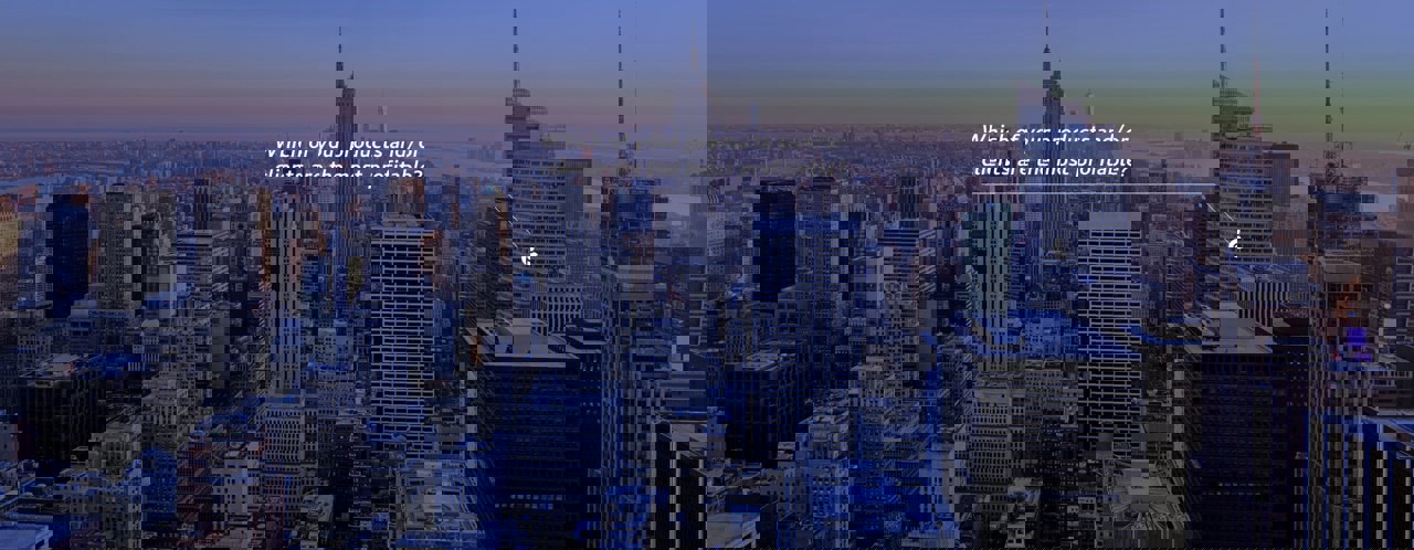 Panoramic view of a city with skyscrapers at sunrise, accompanied by a user inquiry about the profitability of products and customers.