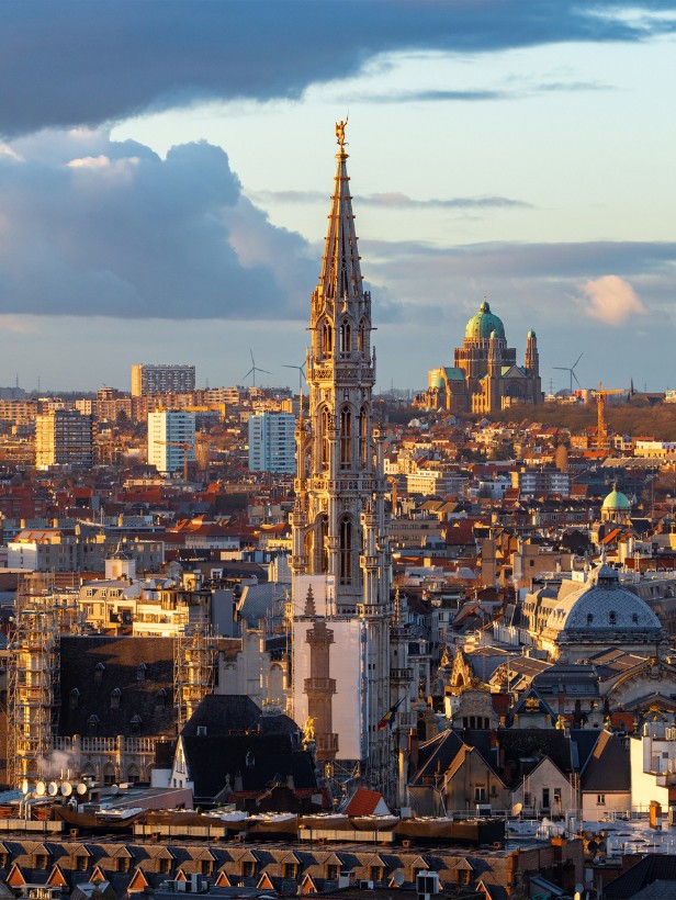 Uitzicht op de Brusselse skyline met de toren van het Stadhuis op de voorgrond en silhouetten van andere gebouwen op de achtergrond.