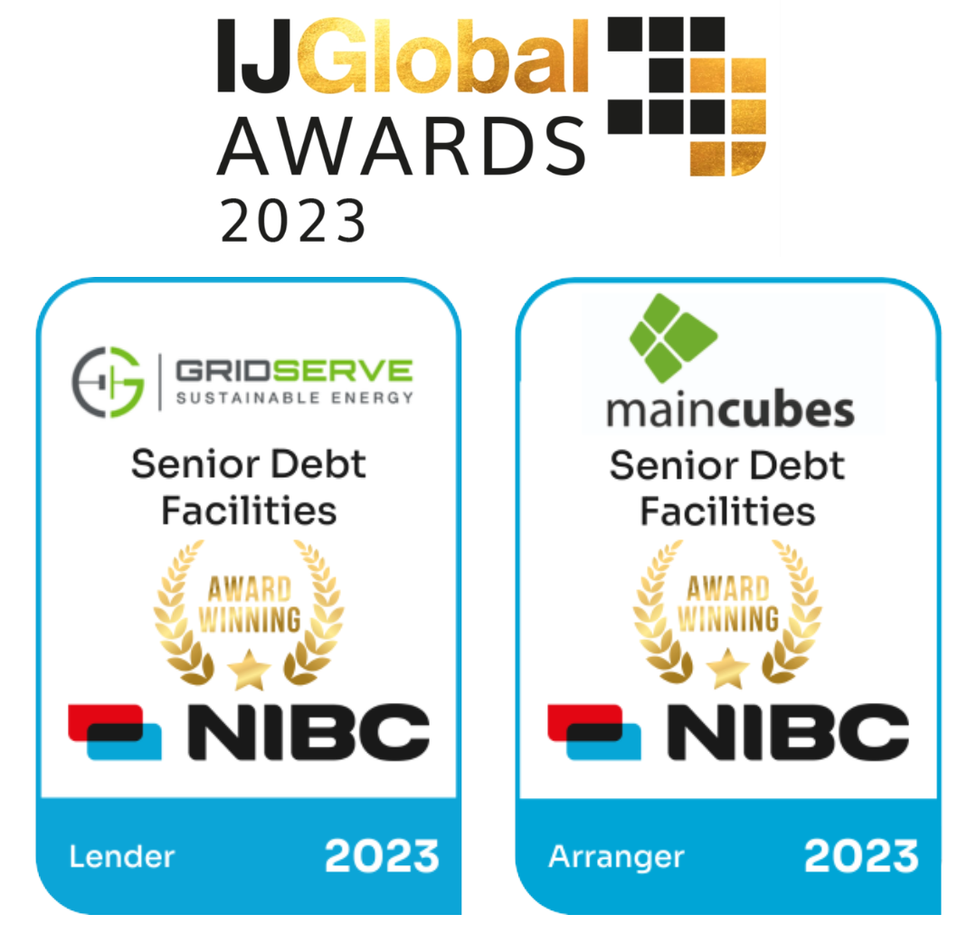 Logos of the IJGlobal Awards 2023 featuring awards for 'Senior Debt Facilities' presented to GRIDSERVE and maincubes, both in 2023.