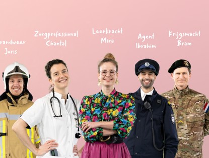 Vijf mensen in uniform met labels, die verschillende beroepen vertegenwoordigen: brandweerman, zorgprofessional, leerkracht, politieagent en soldaat.