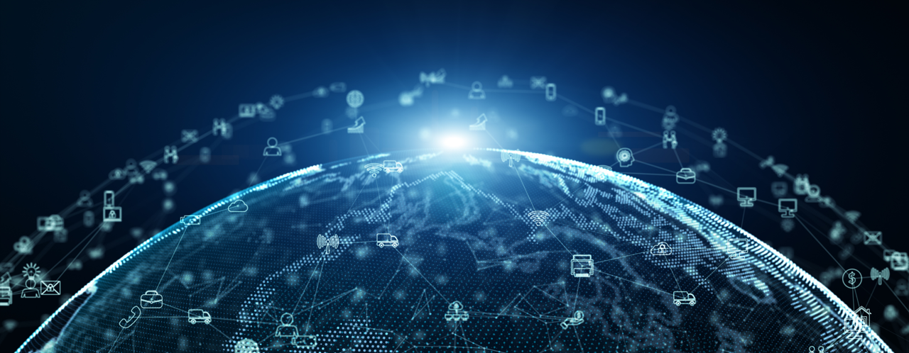 A digital globe featuring interconnected icons representing communication and transport, symbolizing globalization and technology.