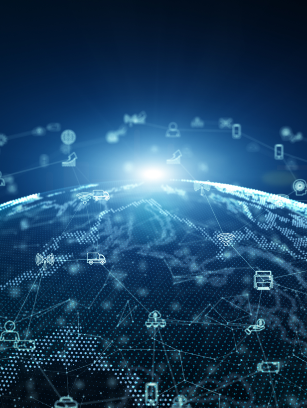 A digital globe featuring interconnected icons representing communication and transport, symbolizing globalization and technology.