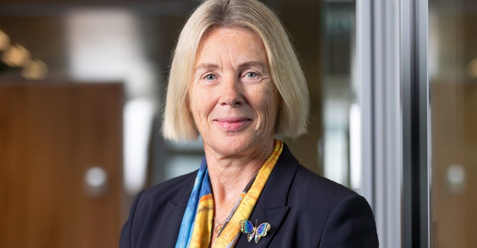 Angelien in business attire wearing a colorful scarf and a butterfly pin, standing in a modern office setting.